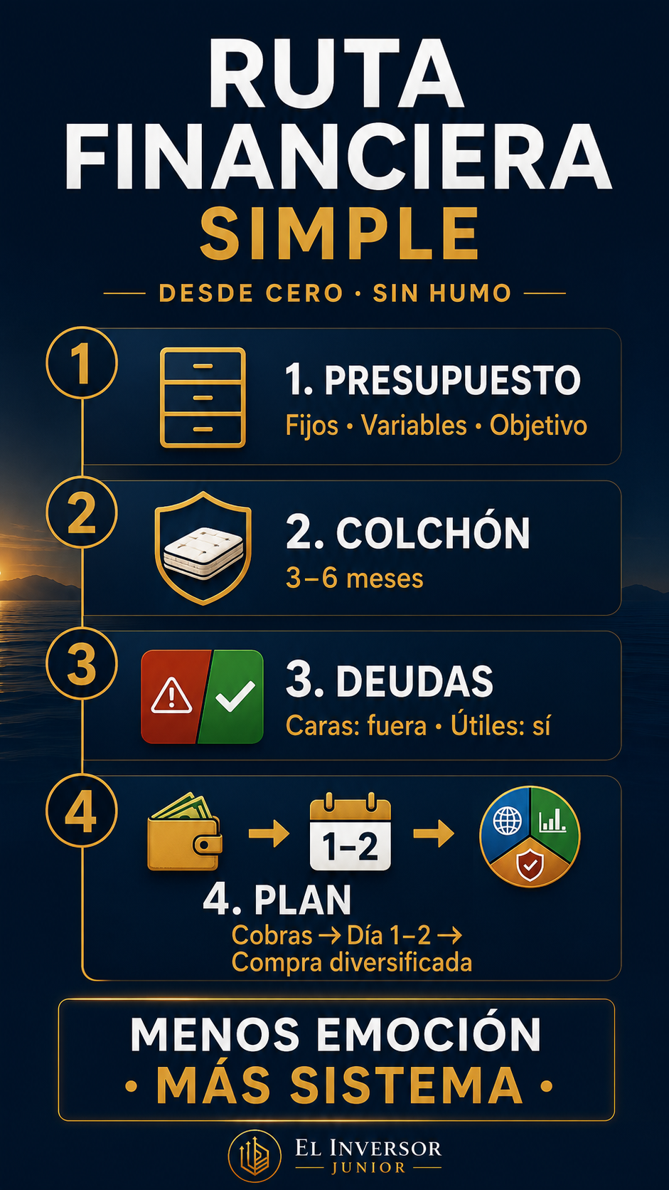 Infografía Ruta Financiera desde cero de El Inversor Junior: presupuesto, colchón, deudas y plan